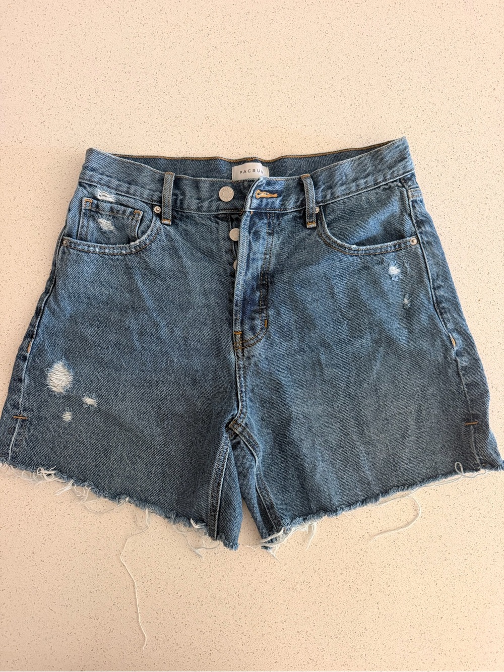 PacSun High Rise Relaxed Denim Shorts Size 26 Distressed Raw Hem Mom Shorts